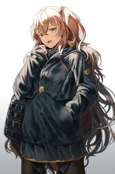  :d alternate_costume bad_id bad_twitter_id bag baggy_clothes brown_hair cowboy_shot female girls&#039;_frontline gradient_background grey_jacket grey_skirt hair_between_eyes hand_in_pocket hand_up jacket long_hair official_alternate_costume one_side_up open_mouth pantyhose pleated_skirt shell_jacket shoulder_bag sidelocks silence_girl simple_background skirt sleeves_past_wrists smile thigh_strap ump45_(girls&#039;_frontline) ump45_(winter_journey)_(girls&#039;_frontline) very_long_hair wavy_hair yellow_eyes 