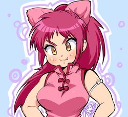  animal_ears bakuten_shoot_beyblade beyblade blush bracelet breasts cat_ears chen_mao closed_mouth commentary_request dress fangs female jewelry long_hair pink_hair pink_shirt ponytail shirt sleeveless sleeveless_shirt solo teeth uekino_aroe yellow_eyes 