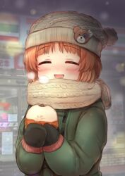  absurdres baozi black_mittens blurry blurry_background blush bobblehat boko_(girls_und_panzer) breath brown_hair brown_headwear brown_scarf closed_eyes coat commentary depth_of_field emilio_(tetsukazu_no_ao) facing_viewer female food fringe_trim girls_und_panzer green_coat highres long_sleeves mittens nishizumi_miho open_mouth outdoors scarf short_hair smile solo standing upper_body winter_clothes winter_coat 