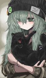  +_- absurdres animal animal_hug badge bangle beanie black_cat black_hat bracelet brown_eyes brown_sweater button_badge closed_eyes closed_mouth commentary_request fangs feline female green_eyes green_hair hat heterochromia highres jewelry kamatama kuso_zako_choroin_nishiga_hachi long_hair long_sleeves looking_away looking_down open_mouth romaji_text saiba_mirai solo sweater symbol-shaped_pupils translated upper_body 