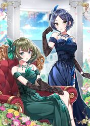  2girls blue_dress blue_eyes blue_feathers blue_hair blue_sky blush bracelet breasts chair cloud collarbone column commentary_request dress earrings elbow_gloves feathers flower gloves green_dress green_eyes green_feathers green_hair hair_ornament hayami_kanade heterochromia highres idolmaster idolmaster_cinderella_girls idolmaster_cinderella_girls_starlight_stage jewelry lace lace_gloves looking_at_viewer mansion medium_breasts mole mole_under_eye multiple_girls mysterious_eyes_(idolmaster) necklace off-shoulder_dress off_shoulder outdoors parted_lips petals pillar pink_flower plant pretty_liar_(idolmaster) short_hair side_slit sitting sky smile sutoroa takagaki_kaede tree yellow_eyes yellow_flower 