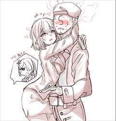  ... 1boy 2girls :o absurdres ak-15_(erwin)_(girls&#039;_frontline) ak-15_(girls&#039;_frontline) anger_vein beret blush breast_press breasts chibi chibi_inset commander_(girls&#039;_frontline) english_text facial_hair formal girls&#039;_frontline gloves griffin_&amp;_kryuger_military_uniform hat head_steam heart highres hug jacket lipstick_mark monochrome multiple_girls office_lady official_alternate_costume pencil_skirt peroronti rpk-16_(girls&#039;_frontline) rpk-16_(renate)_(girls&#039;_frontline) s-head_commander short_hair simple_background skirt speech_bubble stubble sweatdrop 