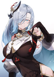  black_gloves blue_eyes blush bodystocking braid breast_curtain breast_curtain_lift breasts clothing_cutout covered_navel elbow_gloves female genshin_impact gloves grey_hair hair_ornament hair_over_one_eye highres hip_vent large_breasts long_hair long_sleeves looking_at_viewer low-braided_long_hair low-tied_long_hair navel partially_fingerless_gloves puffy_long_sleeves puffy_sleeves shenhe_(genshin_impact) shoulder_cutout smile solo sweat tabard tassel very_long_hair xion32 