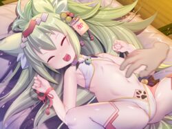  1boy absurdres animal_ear_fluff animal_ears armpits azur_lane bangs bare_arms bed_sheet bell blush cat_ears closed_eyes disembodied_limb female green_hair hair_bell hair_ornament highres huge_filesize isokaze_(azur_lane) isokaze_(new_year&#039;s_battle)_(azur_lane) long_hair lying magatama_necklace nanaken_nana on_back open_mouth ponytail solo_focus spread_legs straight tatami thick_eyebrows thighhighs tickling 