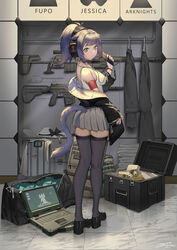  arknights armband artist_name assault_rifle back battle_rifle black_thighhighs blunt_bangs bolt_action breasts cat_tail cheytac_m200 chinese_commentary choker closed_mouth commentary_request computer covered_nipples digital_media_player female from_side full_body furrowed_brow green_eyes gun h&amp;k_hk417 headphones high_ponytail highres indoors itoucon jacket jessica_(arknights) kneepits laptop loafers looking_back lungmen_dollar medium_breasts nail_polish off_shoulder open_clothes open_jacket pleated_skirt ponytail rifle shoes sidelocks signature skindentation skirt sniper_rifle solo standing tail tank_top thighhighs tile_floor tiles weapon zettai_ryouiki 