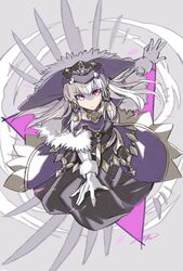  batoson54 black_dress black_hat closed_mouth collar commentary_request dress female fire_emblem fire_emblem:_three_houses fire_emblem_heroes fur_trim gloves hair_ornament hat highres long_hair lysithea_von_ordelia lysithea_von_ordelia_(a_new_future) official_alternate_costume pink_eyes purple_collar solo white_gloves white_hair 