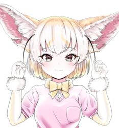  absurdres akegata_tobari animal_ear_fluff animal_ears black_hair blonde_hair bow bowtie breast_pocket brown_eyes buttons closed_mouth commentary_request extra_ears female fennec_(kemono_friends) fox_ears fur_trim gloves hands_up highres kemono_friends layered_sleeves long_sleeves looking_at_viewer multicolored_hair pink_sweater pocket short-sleeved_sweater short_over_long_sleeves short_sleeves simple_background smile solo sweater upper_body white_background white_hair 