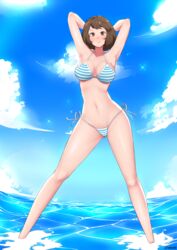  absurdres armpits arms_behind_head arms_up artist_name bikini blue_sky blue_stripes breasts breasts_apart brown_eyes brown_hair cameltoe cloud colored_skin day female highres kaos_art kawakami_sadayo knees legs light_blush light_smile long_legs looking_at_viewer medium_breasts multicolored_bikini multicolored_clothes navel ocean persona persona_5 persona_5_the_animation pose short_hair skinny sky standing swimsuit water white_stripes 