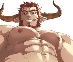  1boy abs agielba animal_ears bara beard blush chest_hair close-up dogandclover draph facial_hair from_below granblue_fantasy green_eyes horns large_pectorals male_focus mature_male muscular muscular_male nipples pectoral_focus pectorals red_hair smile solo topless_male upper_body 