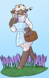  anthro arthropod basket bee bovid braided_hair caprine cherryraptor clothing container dress female flower generation_8_pokemon grass hair hi_res hymenopteran insects mammal nintendo penelope_(luftraptor) picking_flowers plant pokemon pokemon_(species) solo sundress sweater topwear wooloo 