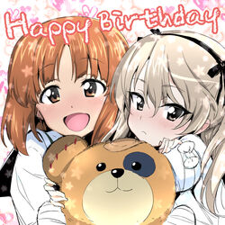  2girls bandaged_hand bandages bandaid black_ribbon blouse blush boko_(girls_und_panzer) brown_eyes brown_hair commentary english_text frown girls_und_panzer hair_ribbon happy_birthday holding light_brown_hair long_hair looking_at_viewer multiple_girls nakahira_guy nishizumi_miho one_side_up ooarai_school_uniform open_mouth photo_booth ribbon school_uniform serafuku shimada_arisu shirt short_hair side-by-side smile stuffed_animal stuffed_toy teddy_bear white_shirt 