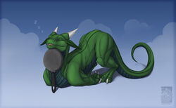  2020 ambiguous_gender claws closed_eyes cookware digital_media_(artwork) dragon feral frying_pan green_body green_skin grizzly_(character) hi_res horn keltaan kitchen_utensils mythological_creature mythological_scalie mythology scalie signature sleeping solo sound_effects tail tools vowelless vowelless_sound_effect wingless_dragon zzz 