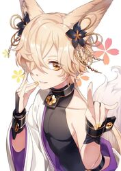  1boy animal_ears backless_outfit bell commentary_request erune fox_boy fox_ears fox_tail granblue_fantasy hair_bell hair_ornament hair_over_one_eye jiman keyhole kou_(granblue_fantasy) large_tail looking_at_viewer male_focus nail_polish solo tail yellow_nails 