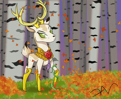  2022 antlers autumn black_nose deer digital_drawing_(artwork) digital_media_(artwork) feral forest forest_background frown full-length_portrait fur green_eyes hasbro hi_res horn idw_publishing king_aspen_(mlp) leaf leaves_on_ground looking_at_viewer male mammal my_little_pony my_little_pony_(idw) nature nature_background plant portrait quadruped ring royalty scut_tail short_tail signature solo swasfews tail tree vines white_body white_fur yellow_antlers 