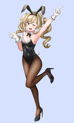  absurdres alternate_costume animal_ears barbara_(genshin_impact) black_bow black_bowtie black_leotard black_pantyhose blonde_hair blue_background blue_eyes bow bowtie breasts commentary detached_collar drill_hair female genshin_impact gloves high_heels highres korean_commentary leotard long_hair looking_at_viewer medium_breasts pantyhose playboy_bunny pointing pointing_up rabbit_ears rabbit_tail simple_background smile solo strapless strapless_leotard tail twin_drills twintails white_gloves yj_(yojo_san) 