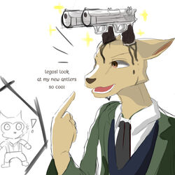  1:1 anthro beastars bluefoxzaza brown_eyes canid canine canis cervine clothed clothing deeeer_simulator deer dialogue duo english_text fur gun hi_res legoshi_(beastars) louis_(beastars) male mammal necktie open_mouth ranged_weapon red_deer tan_body tan_fur text weapon wolf 