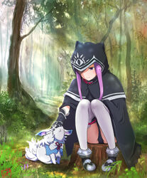  ass black_cape black_capelet black_gloves black_leotard boots cape capelet collar fate/grand_order fate_(series) female forest fou_(fate) gloves headpat hood leotard long_hair medusa_(fate) medusa_(lancer)_(fate) nature outdoors picolette_xiii purple_eyes purple_hair sitting smile thigh_strap thighhighs tree_stump white_legwear 