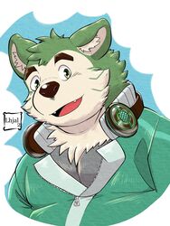  2021 3:4 anthro brown_body brown_fur canid canine canis cute_fangs domestic_dog fur green_body green_fur half-length_portrait hi_res kemono lhjal2 lifewonders live_a_hero male mammal mokdai overweight overweight_anthro overweight_male portrait solo 