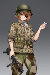  assault_rifle belt camouflage cigarette combat_helmet commentary_request commission english_commentary explosive female gradient_background green_eyes grenade grey_background gun hat helmet highres holding holding_gun holding_weapon holster jacket keiita m1_helmet military military_hat military_uniform mixed-language_commentary mp40 orange_hair original pants paratrooper rifle short_hair smile smock solo standing submachine_gun uniform weapon 