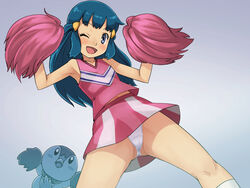  ;d armpits bad_id bad_twitter_id bare_arms blue_eyes blue_hair blush cheerleader collarbone dawn_(pokemon) female from_below grey_background hair_ornament hairclip hands_up holding holding_pom_poms inactive_account kneehighs knees looking_at_viewer miniskirt navel one_eye_closed open_mouth panties pantyshot pink_shirt pink_skirt piplup pokemon pokemon_(anime) pokemon_(creature) pokemon_dppt_(anime) pom_pom_(cheerleading) shirt sidelocks skirt sleeveless sleeveless_shirt smile socks spread_legs stupa13a tongue underwear white_panties white_socks 