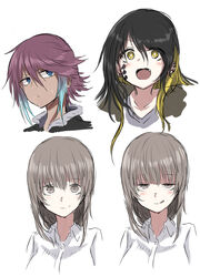  3girls :d baku_mutsuki black_hair black_jacket blonde_hair blue_eyes blue_hair blush brown_eyes brown_hair collarbone collared_shirt commentary_request cropped_torso dark-skinned_female dark_skin dress_shirt ear_piercing facial_mark facial_tattoo grey_shirt hair_between_eyes highres jacket kamatama kuso_zako_choroin_nishiga_hachi licking_lips long_hair multicolored_hair multiple_girls multiple_views ninomiya_yuri nishiga_hachi oerba_yun_fang open_mouth piercing purple_hair ringed_eyes shirt simple_background smile sweat tan tattoo tongue tongue_out two-tone_hair white_background white_shirt 