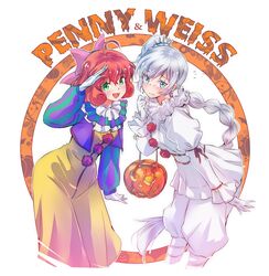  2girls ahoge balloon blue_eyes blush bow braid braided_ponytail clown cosplay curly_hair freckles gloves green_eyes hairbow halloween highres iesupa it_(stephen_king) jack-o&#039;-lantern long_hair multiple_girls name_connection neck_ruff open_mouth orange_hair parody penny_polendina pennywise pennywise_(cosplay) pink_bow pom_pom_(clothes) pun rwby salute scar scar_across_eye scar_on_face short_hair smile very_long_hair weiss_schnee white_gloves white_hair 