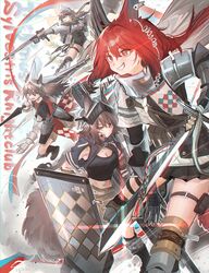  4girls absurdres animal_ears arknights armor ashlock_(arknights) ashlock_(elite_ii)_(arknights) black_cape black_shorts breasts bright_pupils brown_eyes brown_hair cape cleavage crossbow earpiece fartooth_(arknights) feather_hair flametail_(arknights) gambeson gauntlets grey_hair grin hair_between_eyes high-waist_shorts highres holding holding_crossbow holding_shield holding_sword holding_weapon horse_ears horse_girl kaguura_(kagu) long_hair material_growth multiple_girls open_mouth oripathy_lesion_(arknights) pleated_skirt red_eyes red_hair shield shirt shorts skirt smile squirrel_ears squirrel_girl squirrel_tail sword tail v-shaped_eyebrows weapon white_pupils white_shirt wild_mane_(arknights) 