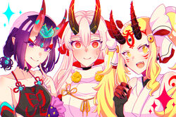  3girls @_@ bare_shoulders black_gloves blonde_hair blush bow breasts chinese_clothes choker closed_mouth collarbone dudou earrings elbow_gloves eyeliner facial_mark fate/grand_order fate_(series) finger_to_cheek fingerless_gloves fingernails forehead forehead_jewel forehead_mark gloves hair_between_eyes hair_pulled_back headband headpiece heart horns ibaraki_douji_(fate) ibaraki_douji_(swimsuit_lancer)_(fate) ibaraki_douji_(swimsuit_lancer)_(third_ascension)_(fate) ironashi_(pixiv34517100) japanese_clothes jewelry kimono large_breasts long_hair looking_at_viewer low_twintails makeup multiple_girls oerba_yun_fang one-piece_swimsuit oni pointy_ears purple_eyes purple_hair red_bow red_eyes sash sharp_fingernails short_eyebrows short_hair short_twintails shuten_douji_(fate) shuten_douji_(halloween_caster)_(fate) sidelocks simple_background skin-covered_horns small_breasts smile sparkle star_(symbol) star_print swimsuit tattoo tomoe_gozen_(fate) twintails very_long_hair white_background white_hair white_kimono white_one-piece_swimsuit yellow_eyes 