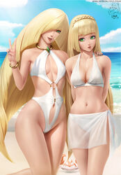  2girls arm_around_shoulder arms_behind_back artist_logo artist_name beach bikini bikini_skirt black_nails blonde_hair blue_sky bracelet braid breasts cleavage cloud collarbone commentary covered_nipples cowboy_shot crown_braid dated day english_commentary gold_bracelet green_eyes groin hair_over_one_eye hand_on_another&#039;s_shoulder hand_up hands_up highleg highleg_swimsuit highres jewelry krabby lillie_(pokemon) limgae long_hair looking_at_another looking_at_viewer lusamine_(pokemon) medium_breasts mother_and_daughter multiple_girls nail_polish navel o-ring o-ring_swimsuit ocean one-piece_swimsuit outdoors parted_lips patreon_username pokemon pokemon_(creature) pokemon_sm see-through sky small_breasts smile stomach swimsuit v very_long_hair watermark web_address white_bikini white_one-piece_swimsuit wide_hips 