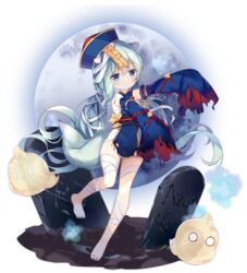  animal_ears aqua_hair aqua_tail azur_lane bandages bare_shoulders barefoot bell blue_dress blue_eyes blue_hat closed_mouth detached_sleeves dress female full_body full_moon ghost grave halloween hat jiangshi jingle_bell long_hair long_sleeves looking_at_viewer manjuu_(azur_lane) mikazuki_(azur_lane) mikazuki_(sweet_zombie)_(azur_lane) moon obi official_alternate_costume official_art ofuda outstretched_arms qingdai_guanmao sash sleeves_past_fingers sleeves_past_wrists solo standing standing_on_one_leg tail torn_clothes torn_dress torn_sleeves transparent_background tsukimi_(xiaohuasan) very_long_hair zombie_pose 