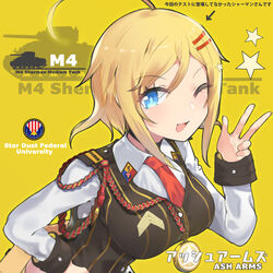  ahoge aosora_kamiya ash_arms blonde_hair blue_eyes blush breasts copyright_name eyelashes female highres long_sleeves m4_sherman m4_sherman_(ash_arms) medal military military_vehicle motor_vehicle necktie one_eye_closed open_mouth photoshop_(medium) red_necktie shirt short_hair sidelocks solo star_(symbol) tank upper_body v vest white_shirt yellow_background 