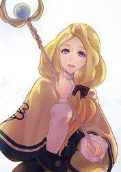  blonde_hair blue_eyes bow commentary_request female fire_emblem fire_emblem:_three_houses garreg_mach_monastery_uniform hairbow highres holding holding_staff long_hair long_sleeves low-tied_long_hair mercedes_von_martritz open_mouth riou_(pooh920) simple_background solo staff uniform upper_body 