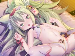  absurdres animal_ear_fluff animal_ears armpits azur_lane bare_arms bed_sheet bell blush cat_ears commentary_request female green_eyes green_hair hair_bell hair_ornament highres isokaze_(azur_lane) isokaze_(new_year&#039;s_campaign)_(azur_lane) jewelry long_hair lying magatama magatama_necklace nanaken_nana necklace on_back open_mouth ponytail solo spread_legs tatami thick_eyebrows thighhighs 