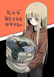  bag blonde_hair bra brown_eyes copyright_name english_text female highres holding holding_bag hood hood_down hoodie izumi_sumi laundry long_hair long_sleeves nande_ikiteru_ka_wakaranai_hito_izumi_sumi_25-sai pants ringoanu shirt solo translated underwear 