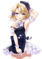  absurdres apron arm_cuffs armpits azur_lane bare_shoulders beret blonde_hair blush bob_cut bow breasts classic_(zildjian33) commentary_request dress embarrassed female hairbow hand_on_own_head hat highres holding holding_menu looking_at_viewer menu official_alternate_costume open_mouth purple_eyes short_dress short_hair simple_background sleeveless sleeveless_dress small_breasts solo strap_slip wavy_mouth white_background wrist_cuffs z23_(azur_lane) z23_(the_eyecatch_in_the_rye?)_(azur_lane) 