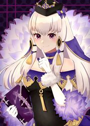  bare_shoulders black_dress black_hat book closed_mouth collar commentary dress female finger_to_mouth fire_emblem fire_emblem:_three_houses fire_emblem_heroes fur_trim gloves hair_ornament hat highres holding holding_book index_finger_raised long_hair lysithea_von_ordelia lysithea_von_ordelia_(a_new_future) official_alternate_costume otokajife pink_eyes protected_link purple_collar smile solo upper_body white_gloves white_hair 