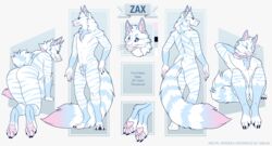  absurd_res anthro arctic canid canine domestic_cat english_text felid feline felis fluffy fox hi_res hybrid male mammal model_sheet paws sabuky solo stripes tabby_cat text thick_thighs zax_(zwalexan) 