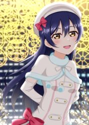  arms_behind_back beret blue_hair blush capelet detached_sleeves female fur_trim haruharo_(haruharo_7315) hat highres long_hair looking_at_viewer love_live! love_live!_school_idol_project night open_mouth outdoors ribbon smile snow_halation solo sonoda_umi swept_bangs yellow_eyes 