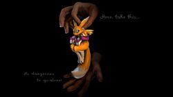  16:9 3d_(artwork) 4k absurd_res ambiguous_gender anthro arm_tuft armwear bandai_namco black_background black_nose black_sclera blue_eyes bridal_gauntlets canid claws clothing digimon digimon_(species) digital_media_(artwork) digitigrade dipstick_ears dipstick_tail disembodied_hand duo ear_markings english_text extreme_size_difference facial_markings front_view head_markings hi_res holding_another holding_character it&#039;s_dangerous_to_go_alone kespr leg_markings mammal markings meme micro micro_in_hand mostly_nude multicolored_body multicolored_ears neck_tuft renamon shoulder_tuft simple_background size_difference solo_focus tail tail_markings text thigh_markings toe_claws tuft two_tone_body white_body widescreen yellow_body yin_yang 