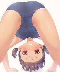  all_fours ass bare_arms bare_shoulders blue_swimsuit blush brown_background brown_hair commentary_request feet_out_of_frame female forehead grin looking_at_viewer looking_back looking_through_legs old_school_swimsuit one-piece_swimsuit original pu-en red_eyes school_swimsuit short_twintails smile solo swimsuit tan tanline twintails 