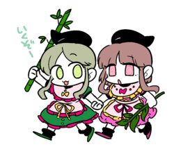  2girls :3 @_@ apron bamboo black_headwear black_socks bow brown_hair dress frills green_dress green_eyes green_footwear green_hair harunori_(hrnrx) hat holding holding_hands multiple_girls myouga_(plant) nishida_satono open_mouth parted_bangs purple_dress purple_eyes purple_footwear ribbon shoes short_hair short_hair_with_long_locks short_sleeves simple_background socks tate_eboshi teireida_mai touhou translated waist_apron 