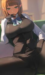  absurdres biting black_gloves black_pants black_vest blunt_bangs blush breasts brown_hair collared_shirt couch dungeon_ni_deai_wo_motomeru_no_wa_machigatteiru_darou_ka eina_tulle elf female finger_to_mouth glasses glove_biting gloves green_eyes highres large_breasts looking_at_viewer medium_hair pants pointy_ears rororo semi-rimless_eyewear shirt sidelocks sitting solo spread_legs vest white_shirt 