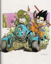  2boys armpits bad_link binding_discoloration black_eyes black_footwear black_hair blue_sash blue_wristband cabbie_hat clenched_teeth collarbone dirt dougi dragon_ball dragon_ball_(classic) driving dust dust_cloud facing_viewer floating_rock frown full_body green_headwear green_jacket grey_background ground_vehicle hand_on_handle hand_on_headwear hand_up hat highres holding holding_weapon jacket looking_afar male_focus messy_hair military military_hat military_jacket military_uniform mini_flag monkey_tail motor_vehicle motorcycle mountain multiple_boys nyoibo obi oolong open_mouth orange_pants outstretched_arm pants rear-view_mirror rock sash scan shadow shoes side-by-side simple_background son_goku speed_lines spiked_hair tail teeth toriyama_akira uniform upper_teeth v-shaped_eyebrows weapon wristband 