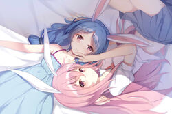  2girls absurdres animal_ears bare_arms bare_shoulders bed_sheet blue_dress blue_hair closed_mouth dress grey_skirt highres light_smile long_hair looking_at_viewer lying miniskirt multiple_girls muyue navel necktie on_back pink_hair puffy_short_sleeves puffy_sleeves rabbit_ears red_eyes red_necktie reisen_udongein_inaba seiran_(touhou) shirt short_sleeves skirt sleeveless sleeveless_dress touhou white_shirt 