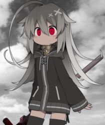  ahoge bell black_hoodie black_thighhighs blood closed_mouth collar commentary_request cowboy_shot dark-skinned_female dark_skin drawstring expressionless female grey_hair grey_sky hair_between_eyes hair_flaps holding holding_lead_pipe hood hood_down hoodie huge_ahoge industrial_pipe jingle_bell kisaragi_kaya lead_pipe long_hair looking_ahead metal_collar monochrome_background neck_bell original red_eyes sky sleeves_past_wrists solo thighhighs x yste zettai_ryouiki 