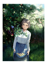  apple apron apron_hold bad_id bad_pixiv_id bird branch brown_hair commentary_request female food fruit grass green_eyes head_tilt hinoshita_akame light_smile looking_at_viewer original outdoors skirt smile solo tree waist_apron 