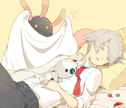  1boy aron bad_id bad_pixiv_id blanket bubble buttons closed_eyes collared_shirt eto_(reve) flying_sweatdrops grey_hair grey_pants head_on_pillow jewelry lileep lying male_focus necktie on_back on_bed pants pillow pokeblock pokemon pokemon_(creature) pokemon_rse red_necktie ring shirt short_hair sleeping sleeves_rolled_up steven_stone white_shirt 