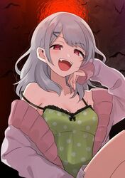  bat_(animal) blush breasts camisole cardigan cleavage commentary english_commentary fangs female green_camisole grey_hair hair_ornament hairclip highres long_hair looking_at_viewer medium_breasts morinaka_kazaki nail_polish nijisanji open_mouth pink_cardigan pink_nails red_eyes sleeveless smile solo thighs vampire virtual_youtuber yuama_(drop) 