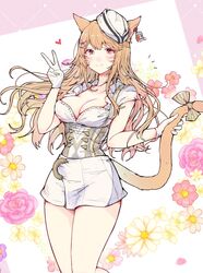  animal_ears breasts cat_ears cat_tail cleavage collarbone commission corset female final_fantasy final_fantasy_xiv flower gloves heart highres medium_breasts miqo&#039;te mokokoiro original pink_eyes pink_flower skeb_commission skirt smile solo tail v warrior_of_light_(ff14) white_flower white_gloves white_headwear white_skirt 