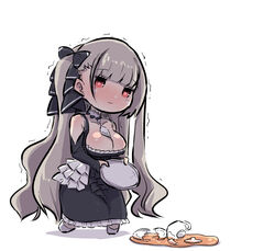  azur_lane bare_shoulders black_dress blush breasts broken broken_cup chibi cleavage closed_mouth clothing_cutout collarbone commentary_request cup dress female formidable_(azur_lane) frilled_dress frills grey_hair holding holding_tray large_breasts long_hair long_sleeves nose_blush red_eyes saucer shadow shoulder_cutout sleeves_past_wrists solo spill standing teacup tray trembling two_side_up u-non_(annon&#039;an) very_long_hair white_background 